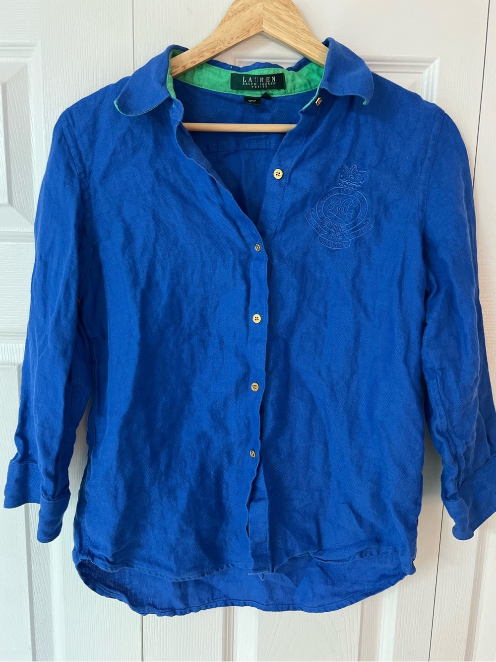 Lauren Ralph Lauren Royal Blue Linen-Blend Button Shirt with Green Trim
